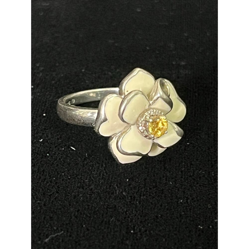 925 Sterling Silver Citrine and  Diamond lEnamel Flower Ring 1719